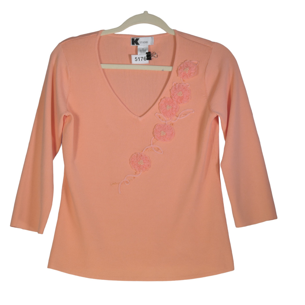 Vintage K Studio Knit Sweater Women Medium Peach Orange Rosettes Ribbon Boho